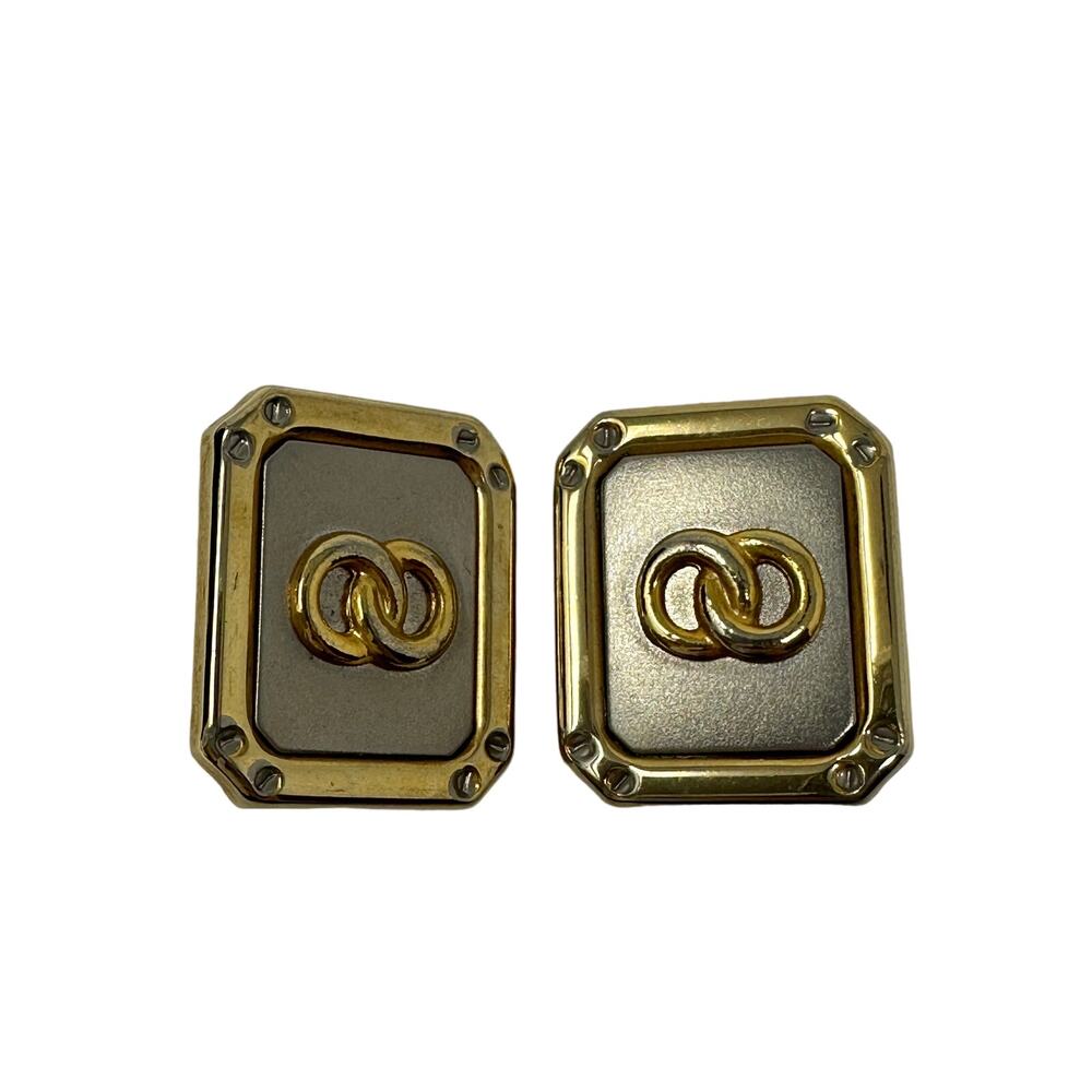 Vintage Goldtone and Silvertone Earrings Clip On Style Square Infinity Logo